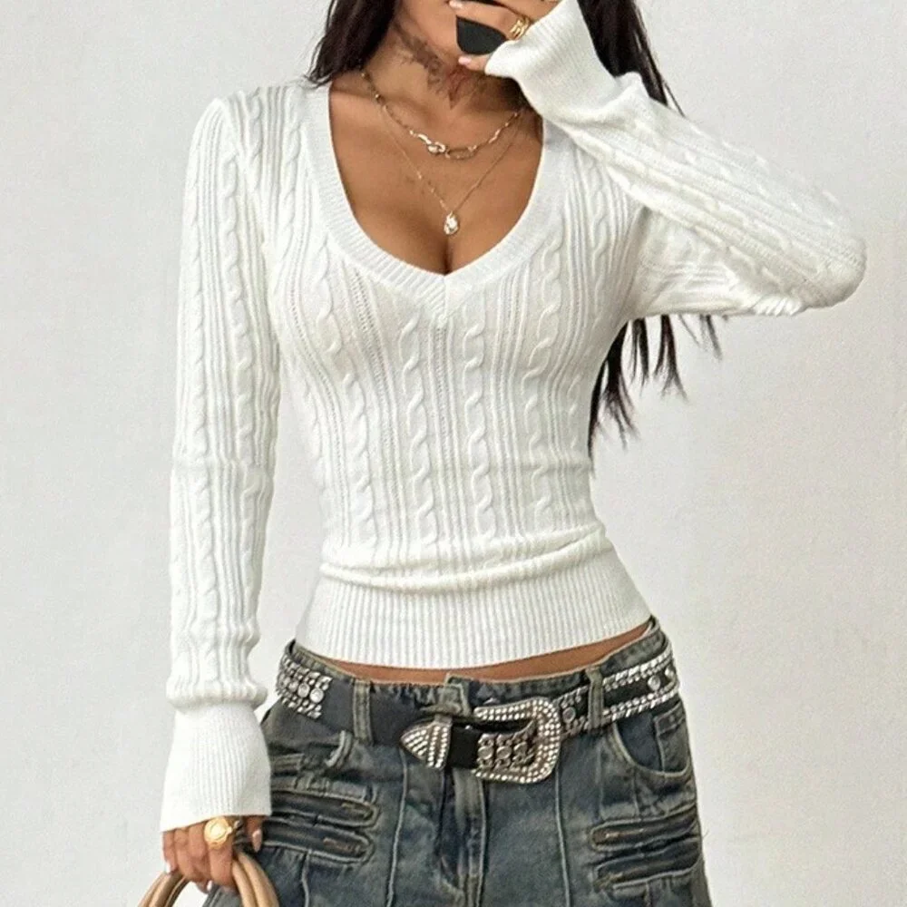 White Casual Women's Preppy Y2k Renaissance Fair Club V-Neck Sweater